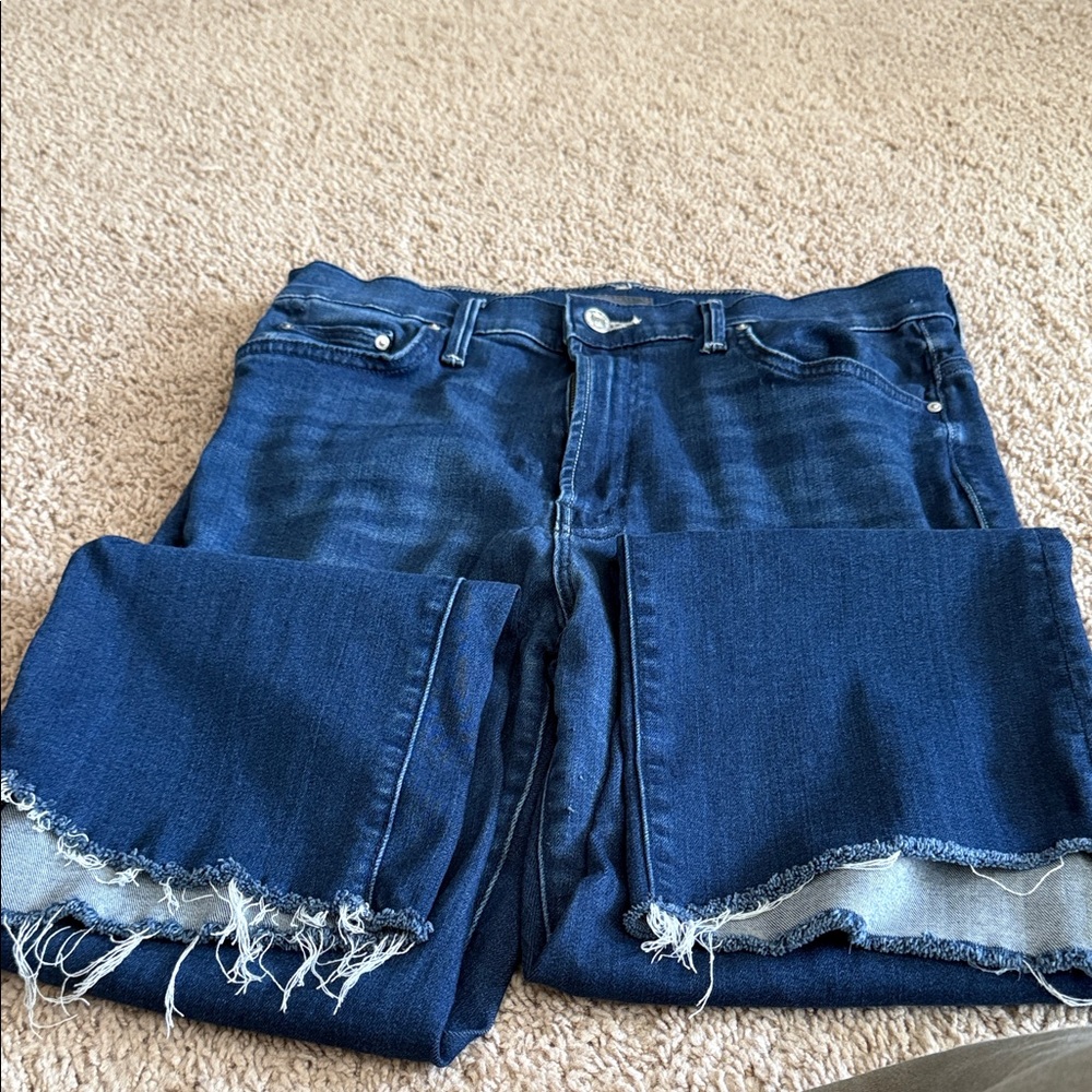 MOTHER Dark Blue Raw Hem Cropped Jeans